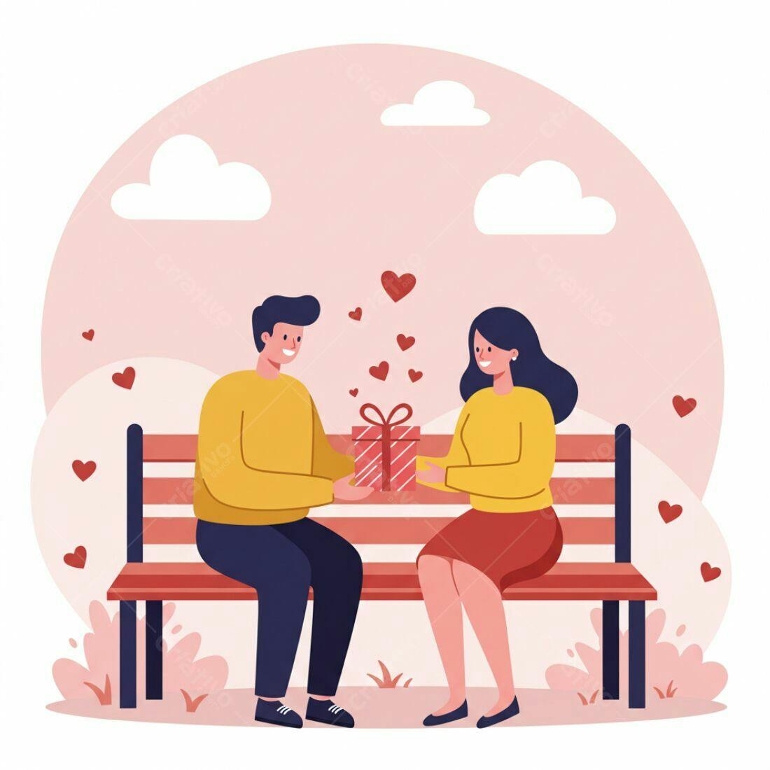 Casal trocando presentes em banco no parque