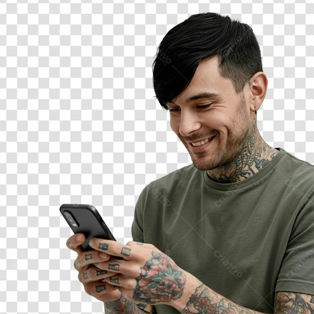 Mockup Pessoa com Tatuagens usando Smartphone PSD Editável