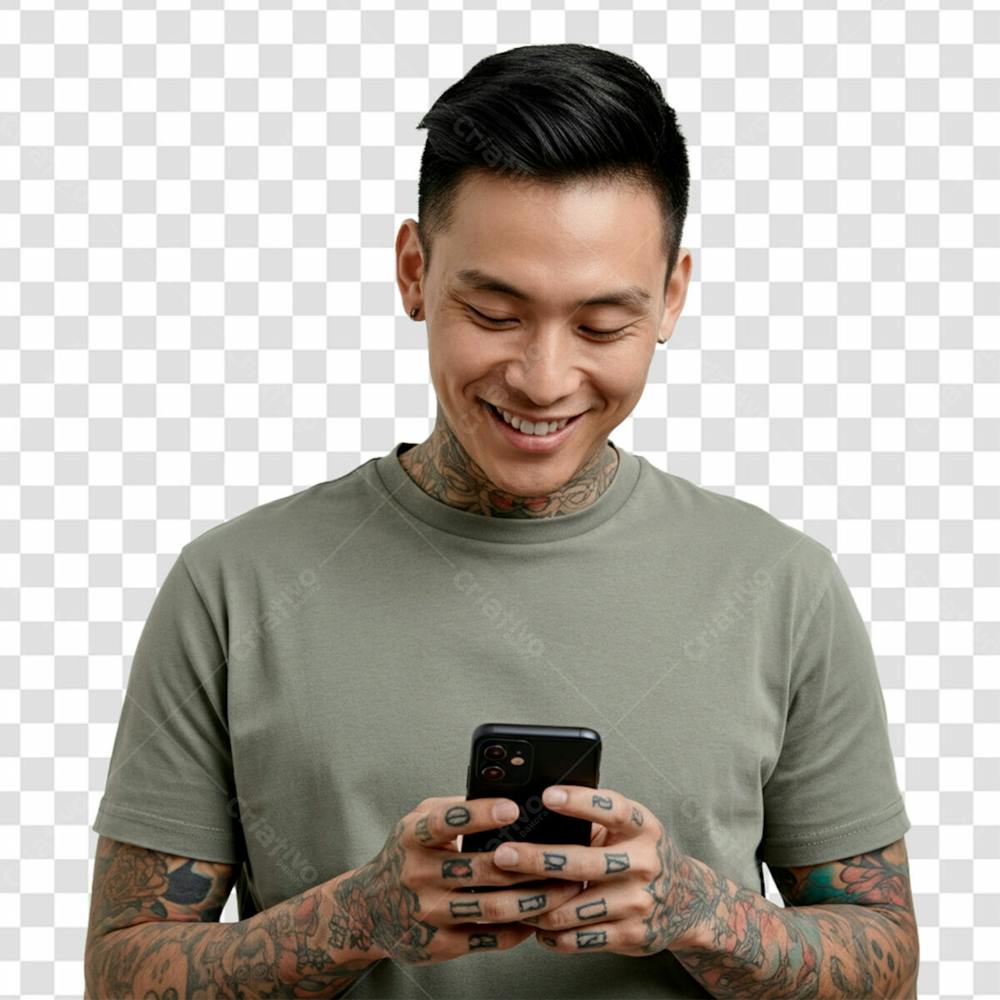 Homem Tatuado Feliz Enquanto Mexe No Celular