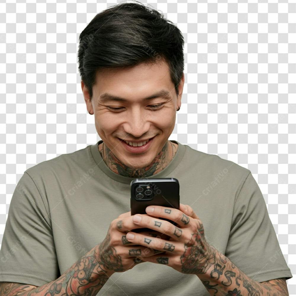 Homem Tatuado Feliz Enquanto Mexe No Celular