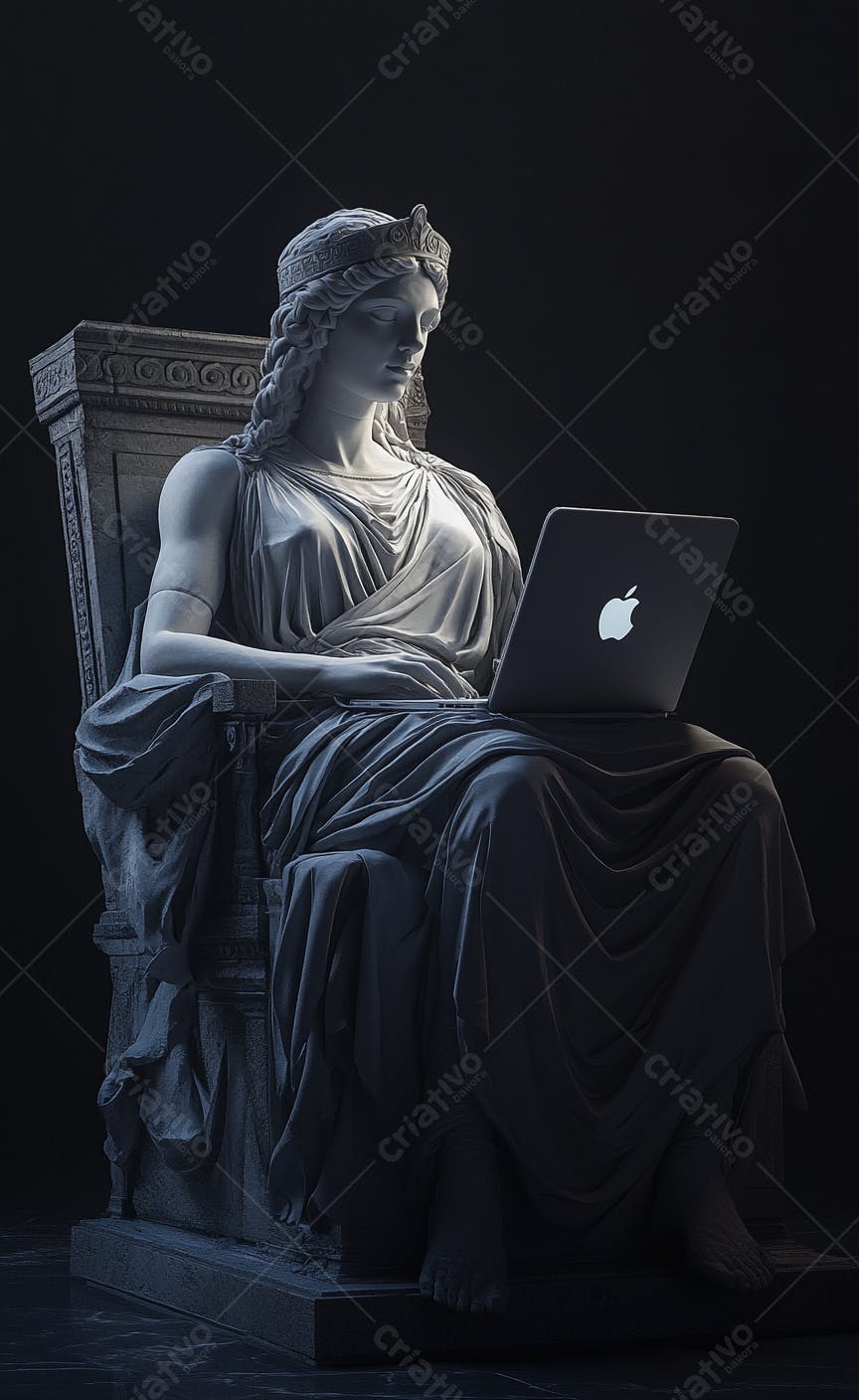 Estátua usando laptop fundo escuro
