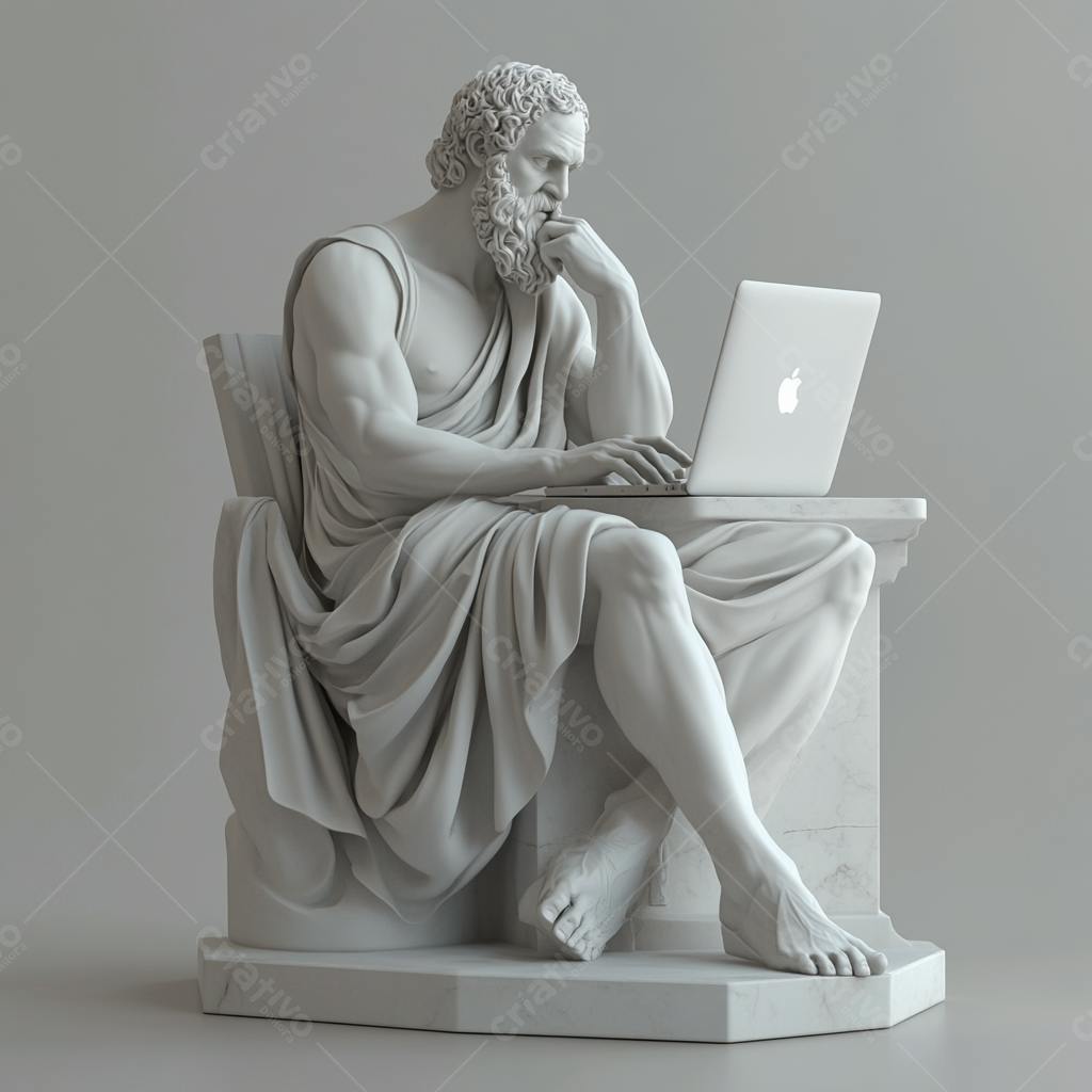 Estátua de homem usando laptop