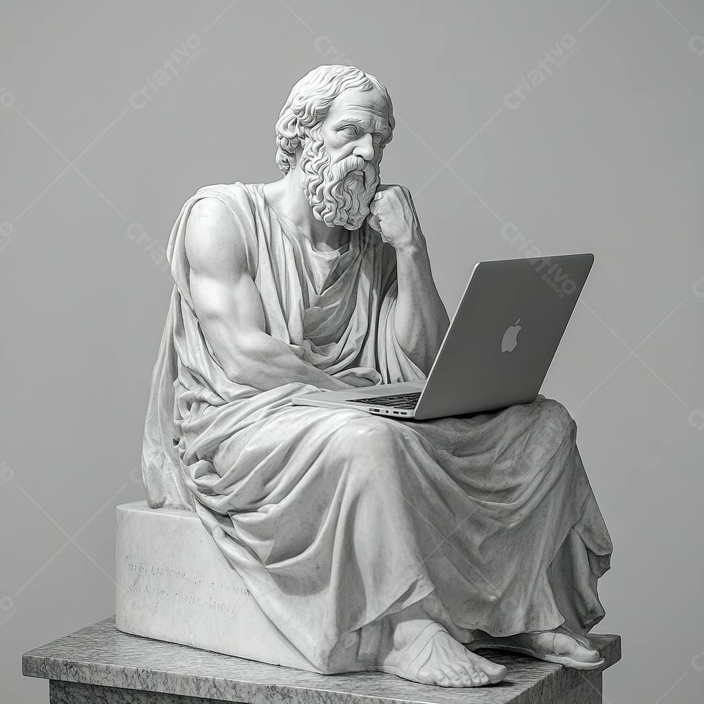 Estátua de mármore usando laptop