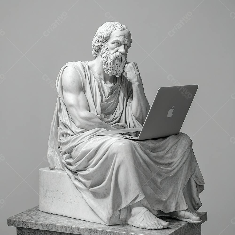 Imagem De Uma Estatua Masculina Usando Notbook