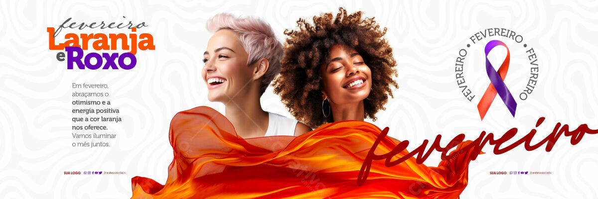 Banner Fevereiro Laranja e Roxo PSD Editável