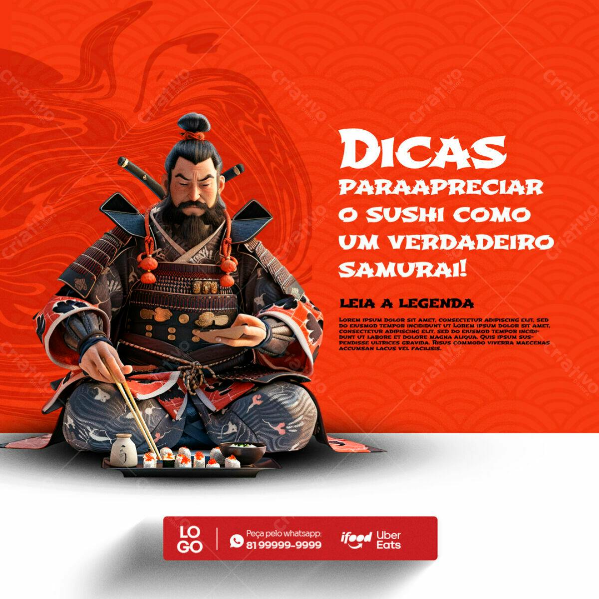 Flyer para Apreciar Sushi como um Samurai PSD Editável