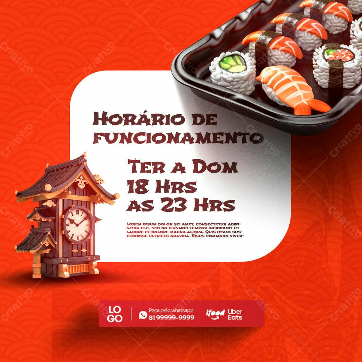 Flyer Horário de Funcionamento Restaurante Japonês PSD Editável