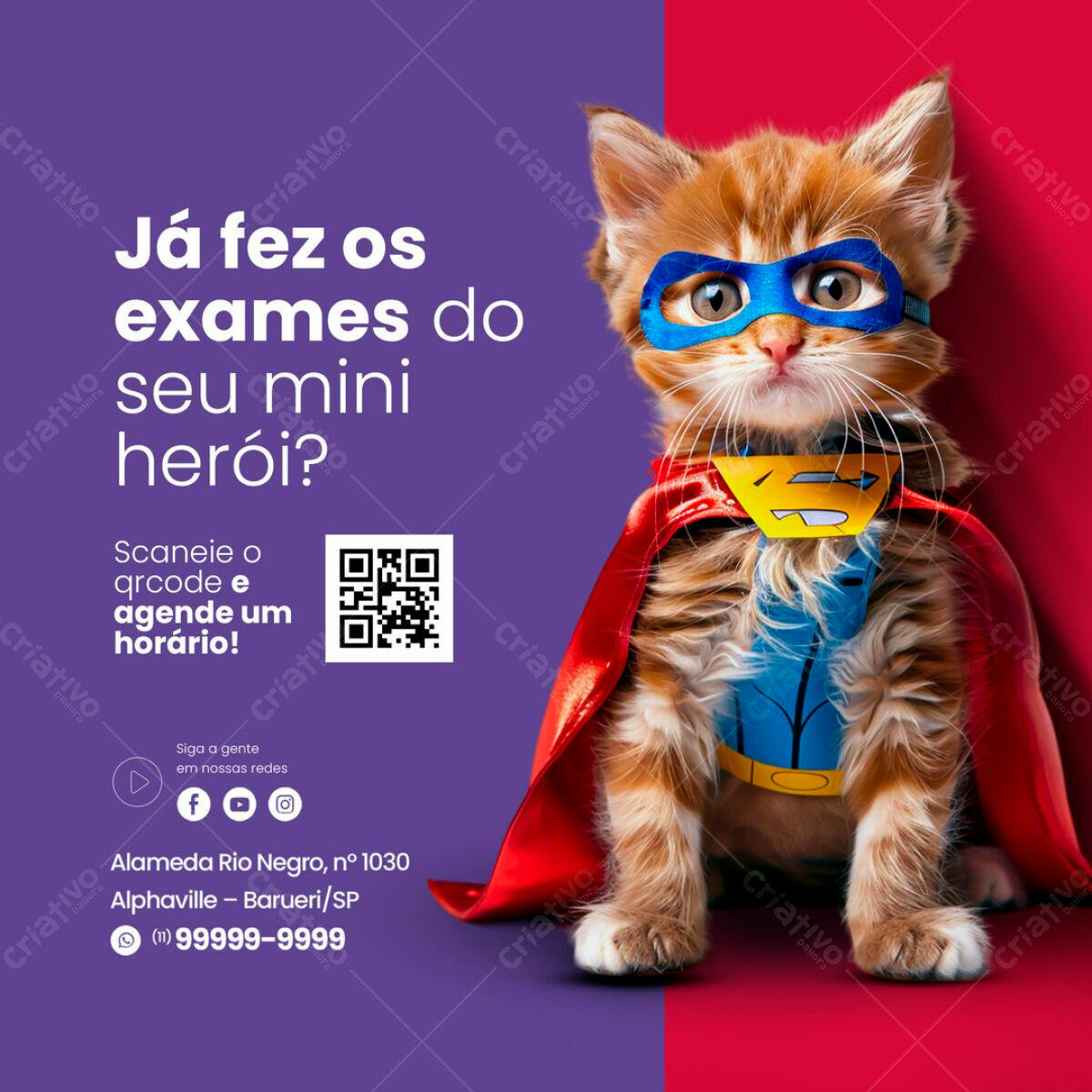 Post para Veterinário com Gatinho Super-Herói PSD Editável
