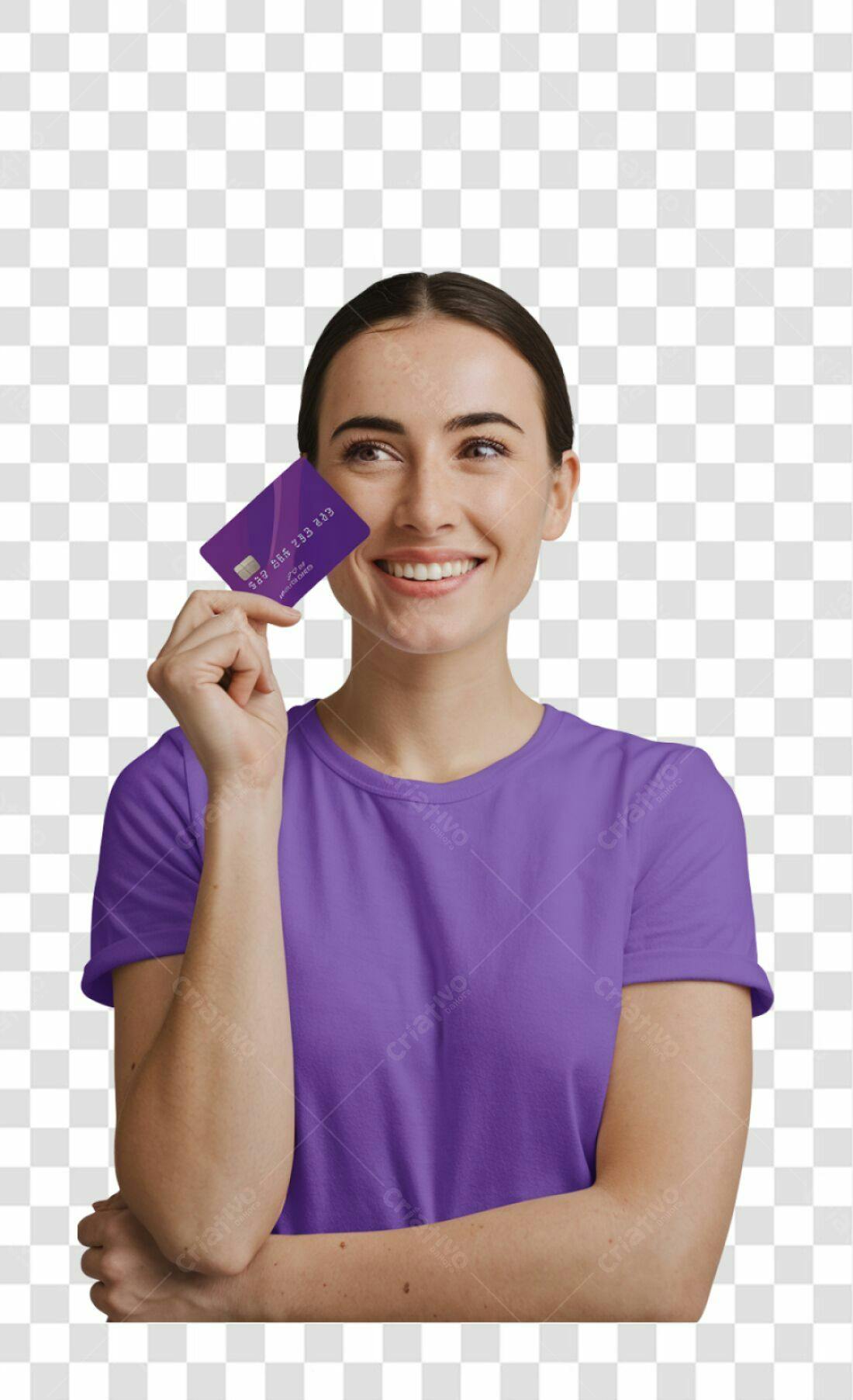 Banner com mulher segurando cartão PNG com fundo transparente