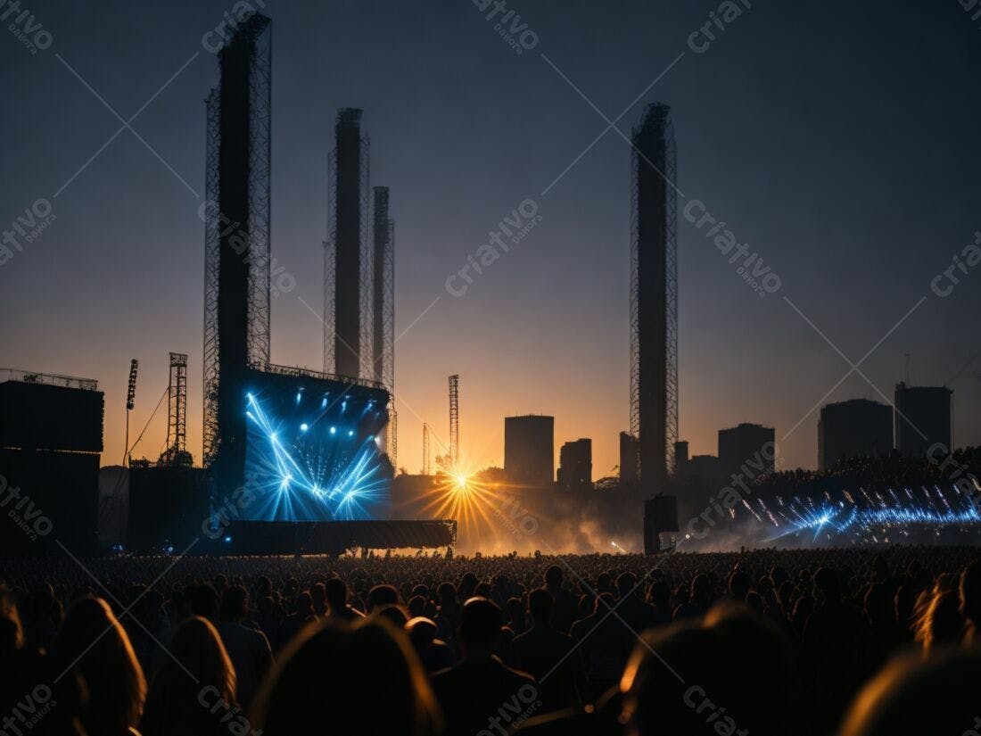 Show ao entardecer com multidão e palco iluminado