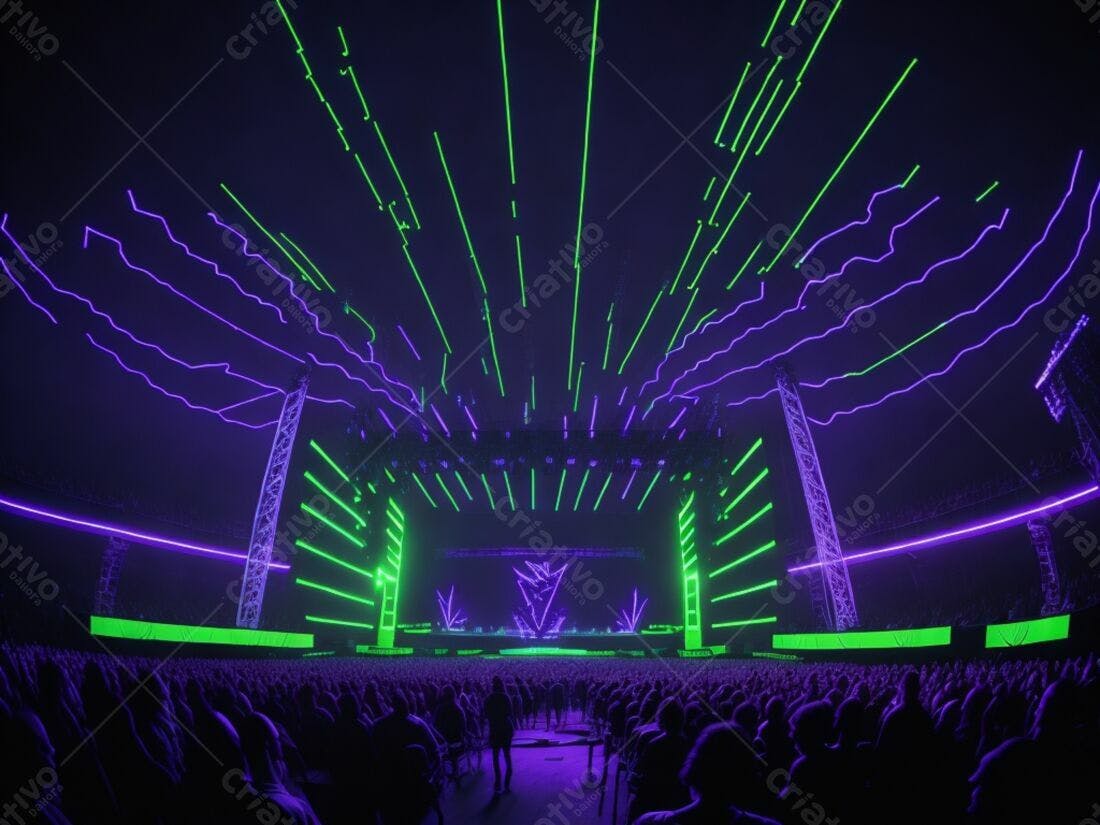 Show de luzes roxas e verdes em estádio