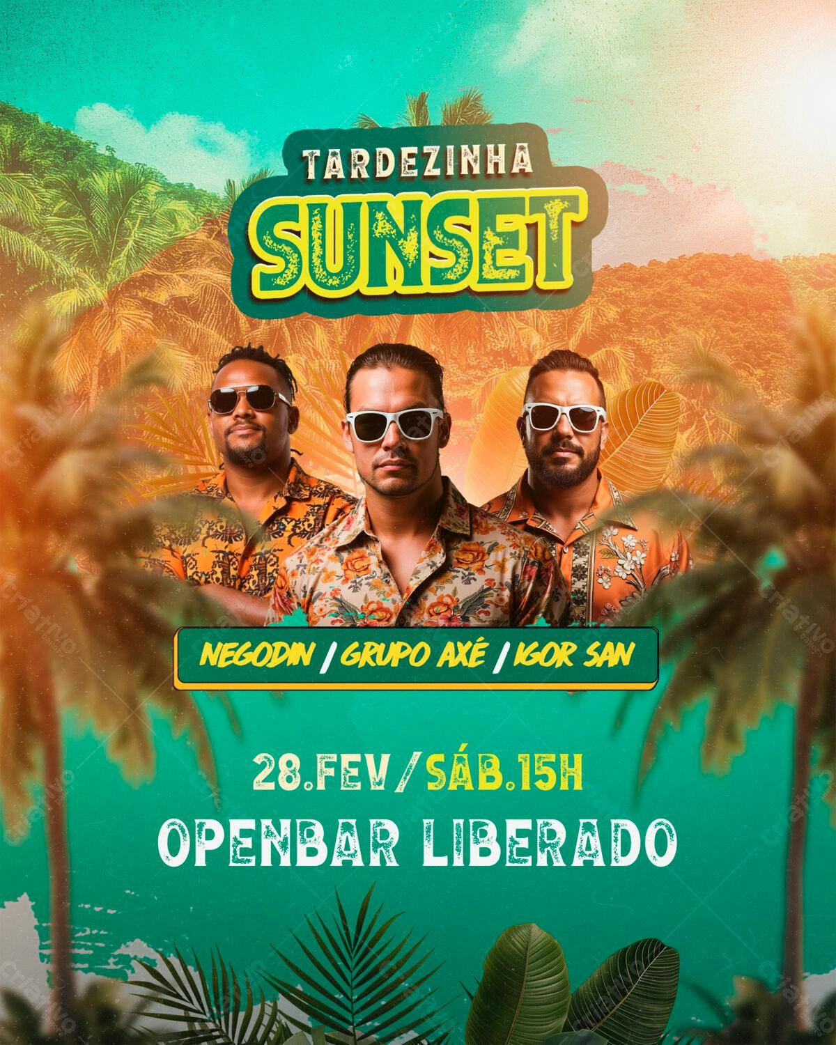 Flyer para Festa Sunset com Negodin, Grupo Axé e Igor San PSD Editável