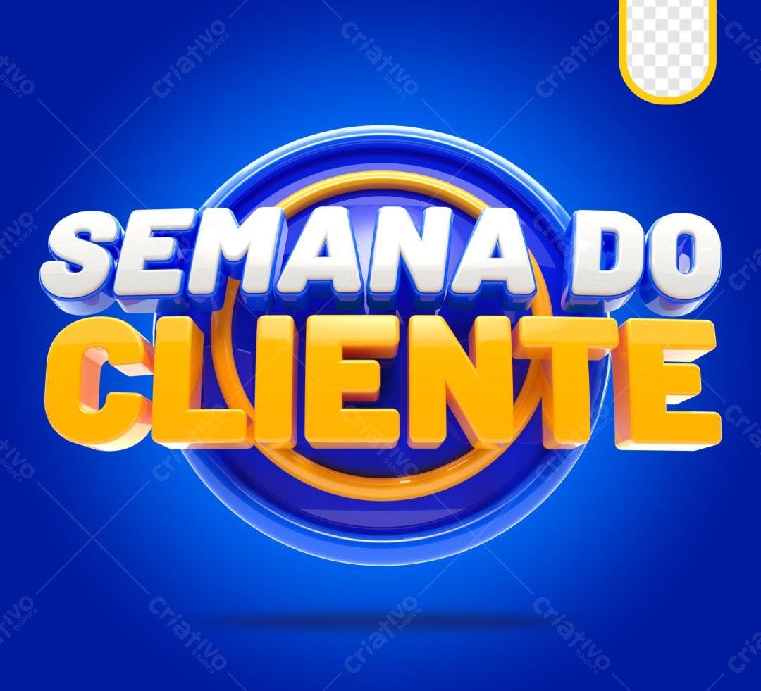 Selo 3D promocional Semana do Cliente azul e amarelo