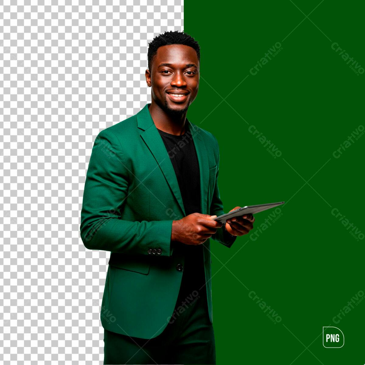 Mockup Homem Negro com Tablet Verde PSD Editável