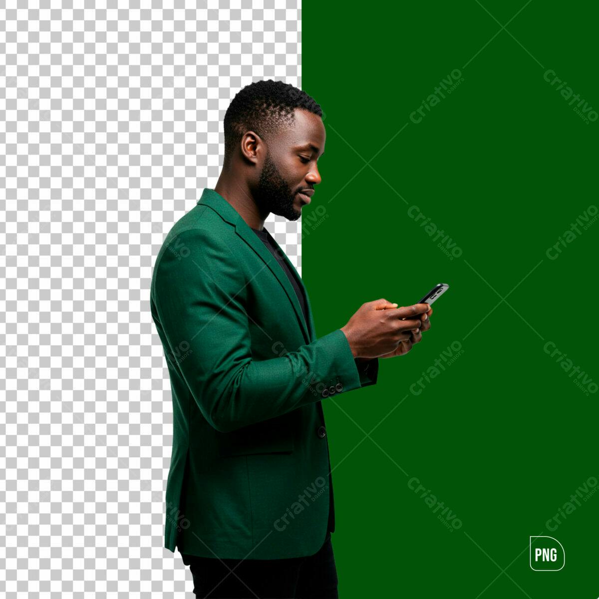 PSD Modelo Homem Negro usando Smartphone Verde