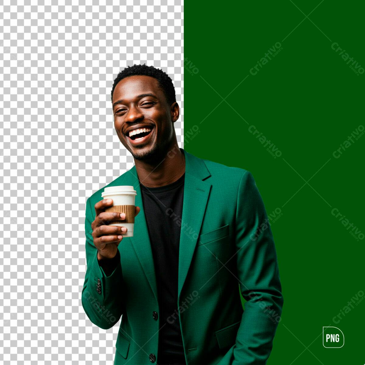 PSD para Modelo de Foto de Homem Negro Sorrindo com Café Verde
