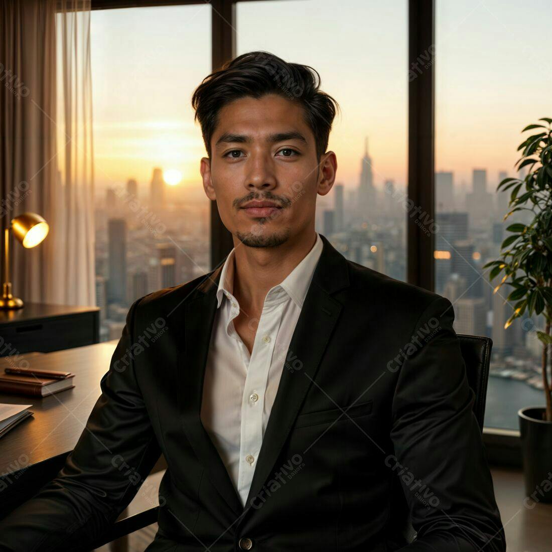 Homem de Negócios em Escritório com Vista para o Pôr do Sol