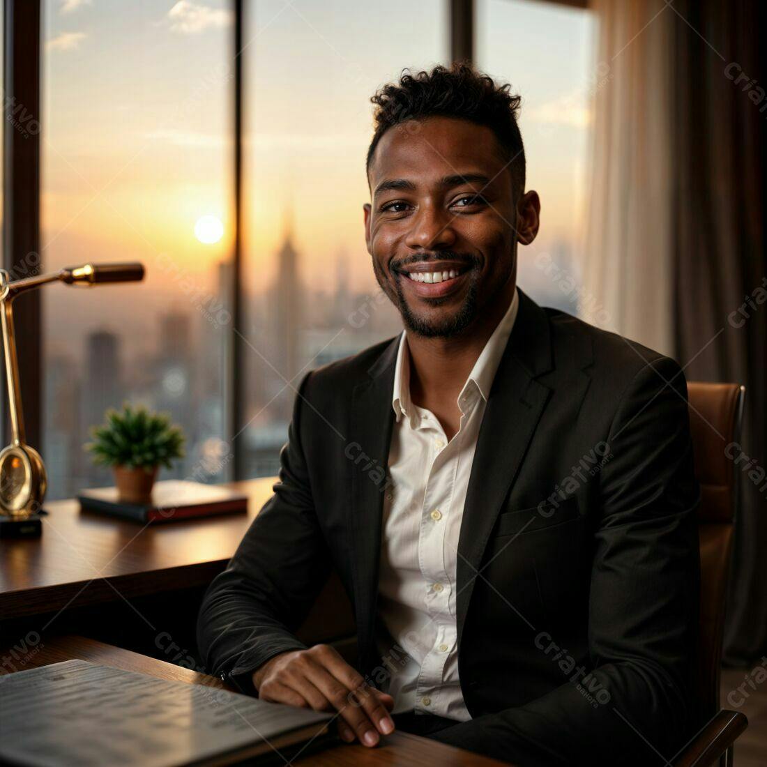 Homem negro sorrindo em escritório ao pôr do sol