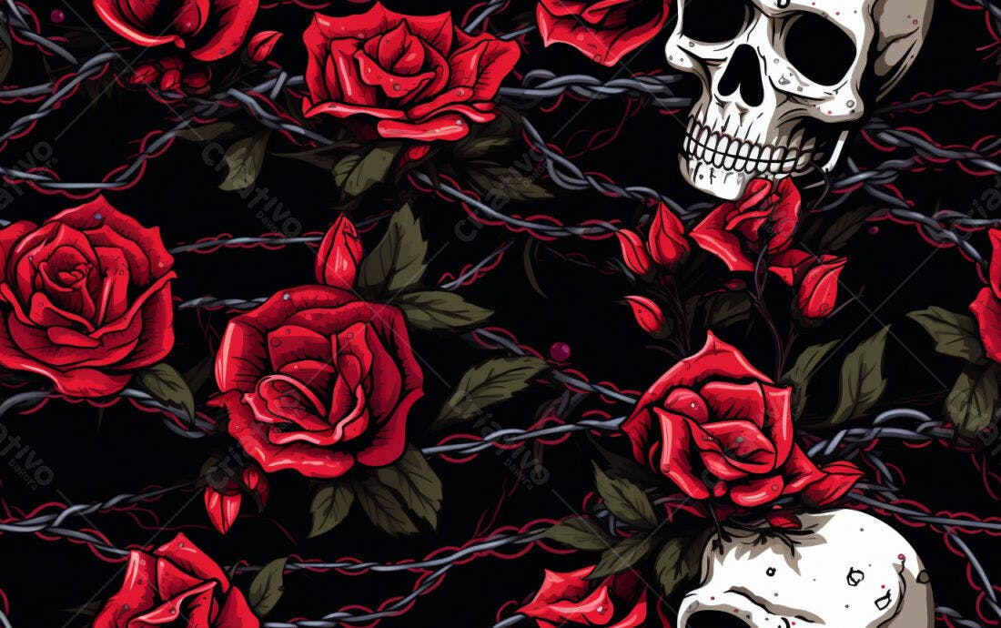 Textura Rosas e Caveiras para Papel de Parede