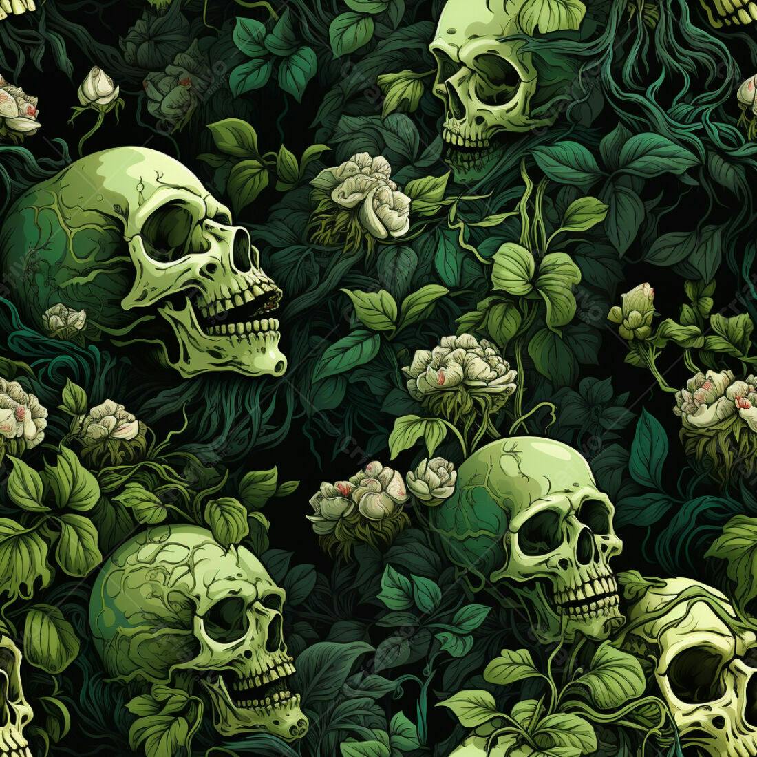 Textura Caveira e Flores Verde para Fundo