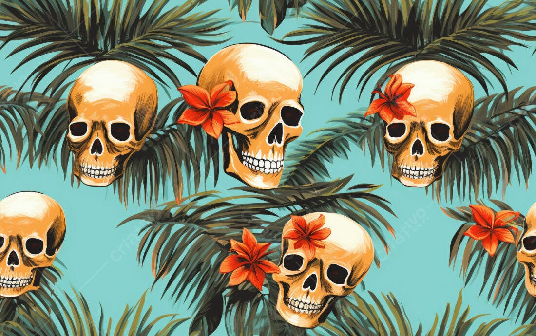Textura Caveiras Tropicais para Papel de Parede