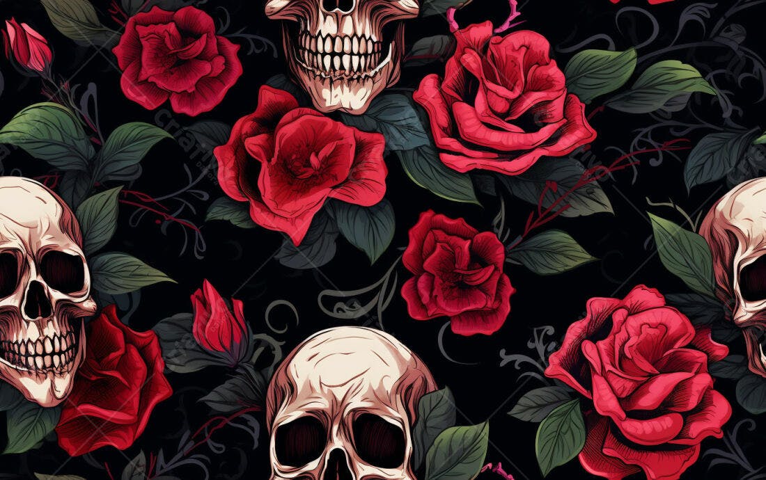 Textura Caveiras e Rosas Vermelhas para Fundo
