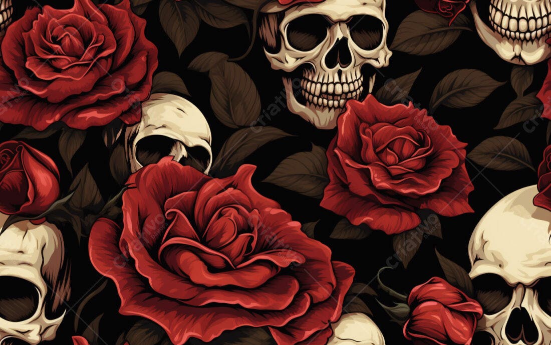 Textura Rosas e Caveiras para Papel de Parede