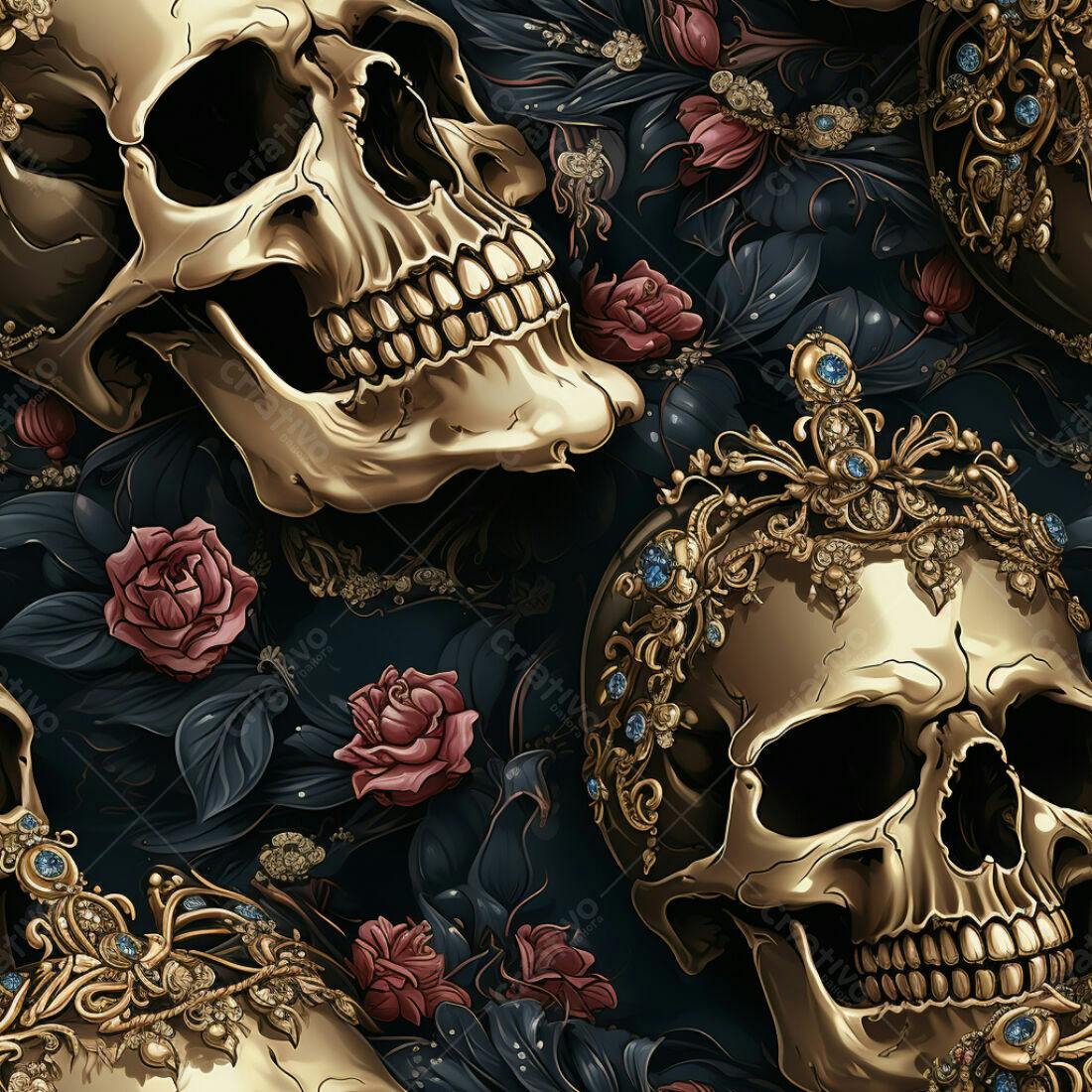 Textura Caveiras Douradas com Rosas para Fundo Escuro