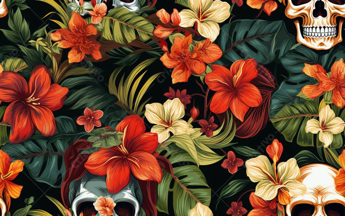 Textura floral tropical com caveiras para papel de parede