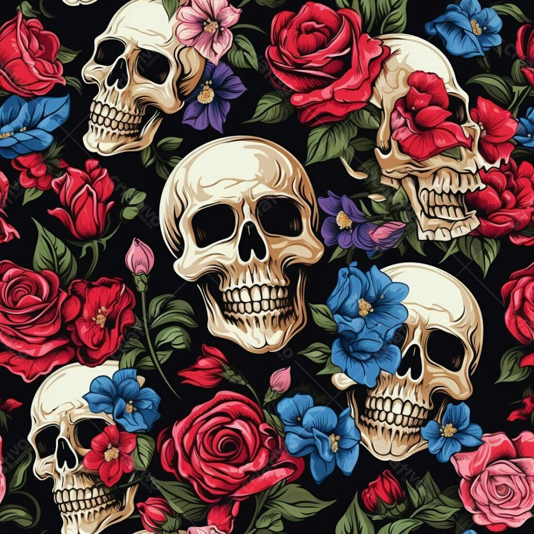 Textura Caveiras e Rosas para Papel de Parede