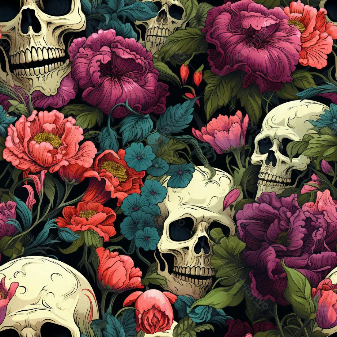 Textura caveira e flores para papel de parede