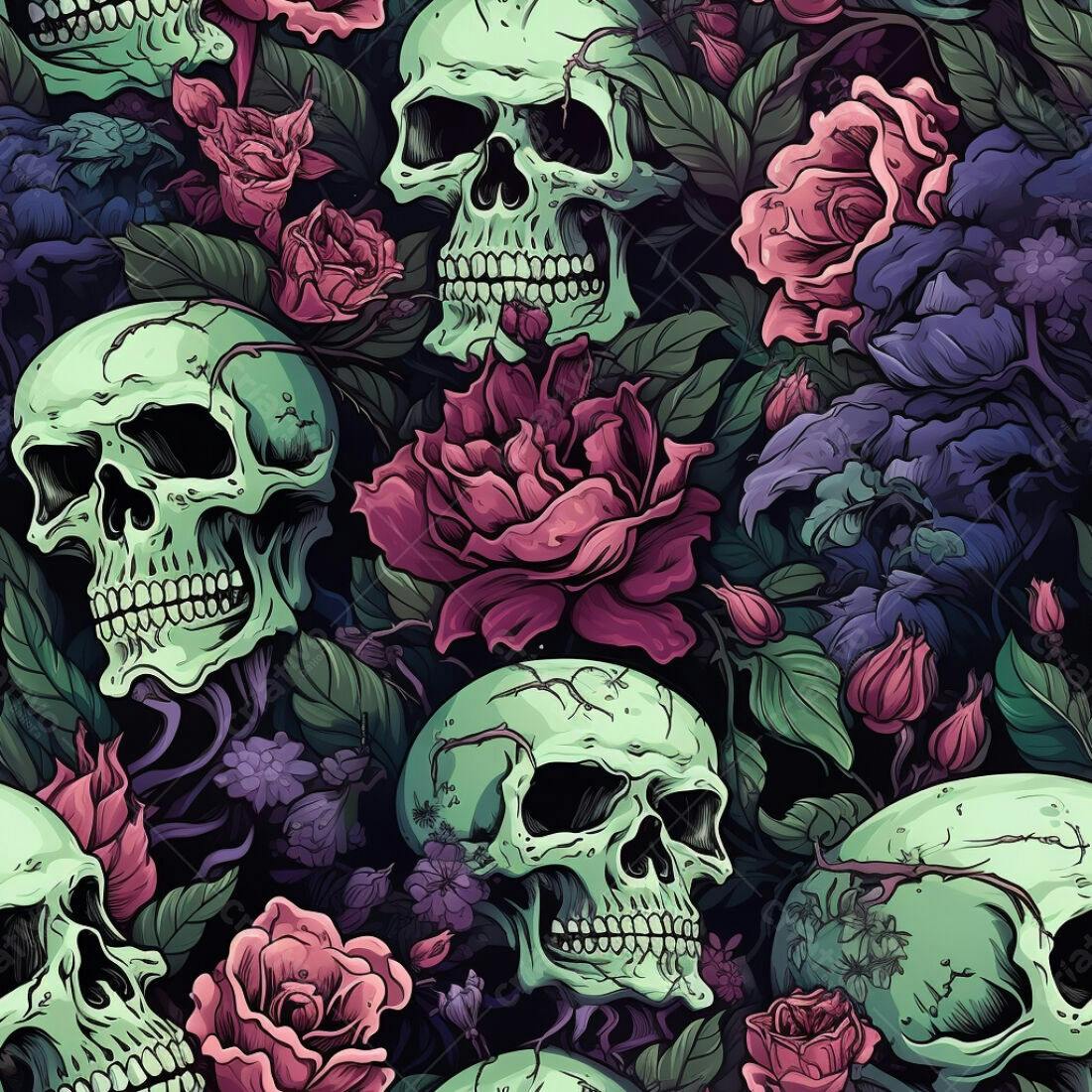 Textura Caveira e Rosas para Fundo Escuro
