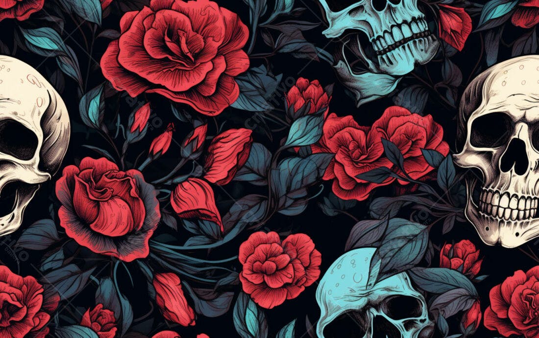 Textura Rosas e Caveiras para Fundo Escuro