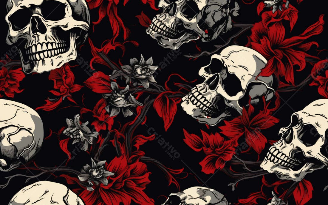 Textura caveira e rosas vermelhas para fundo sombrio