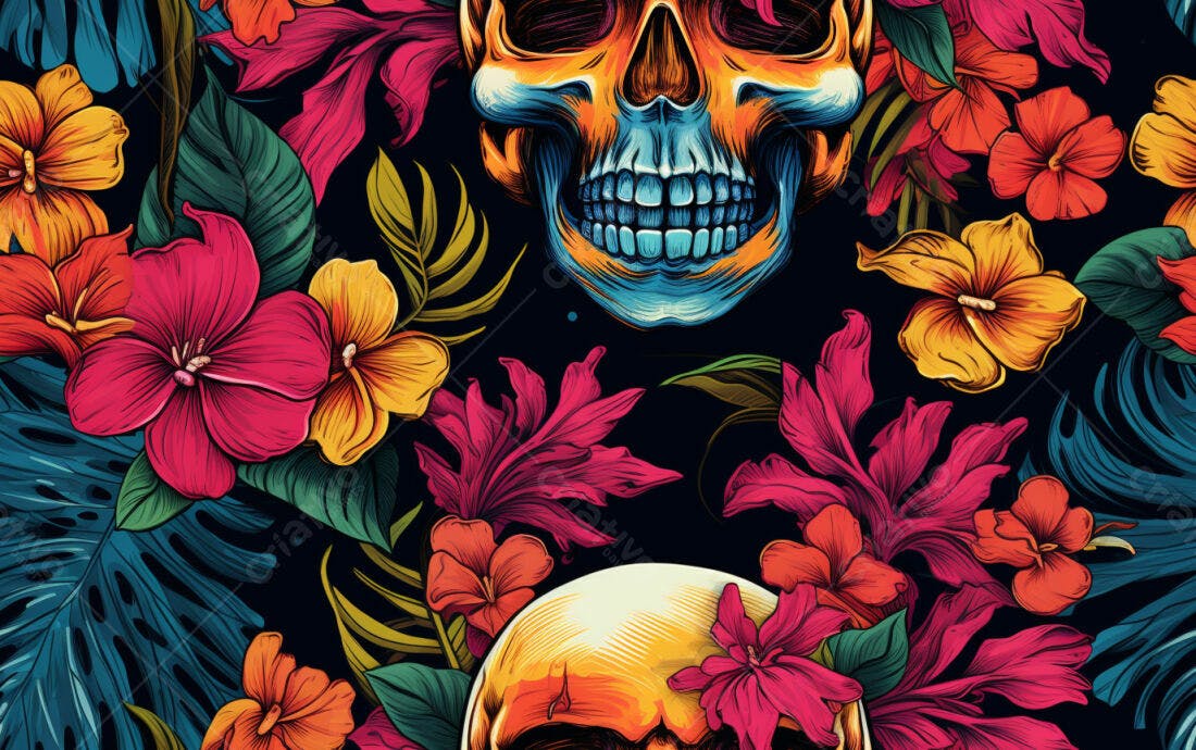 Textura floral caveiras tropicais para fundo