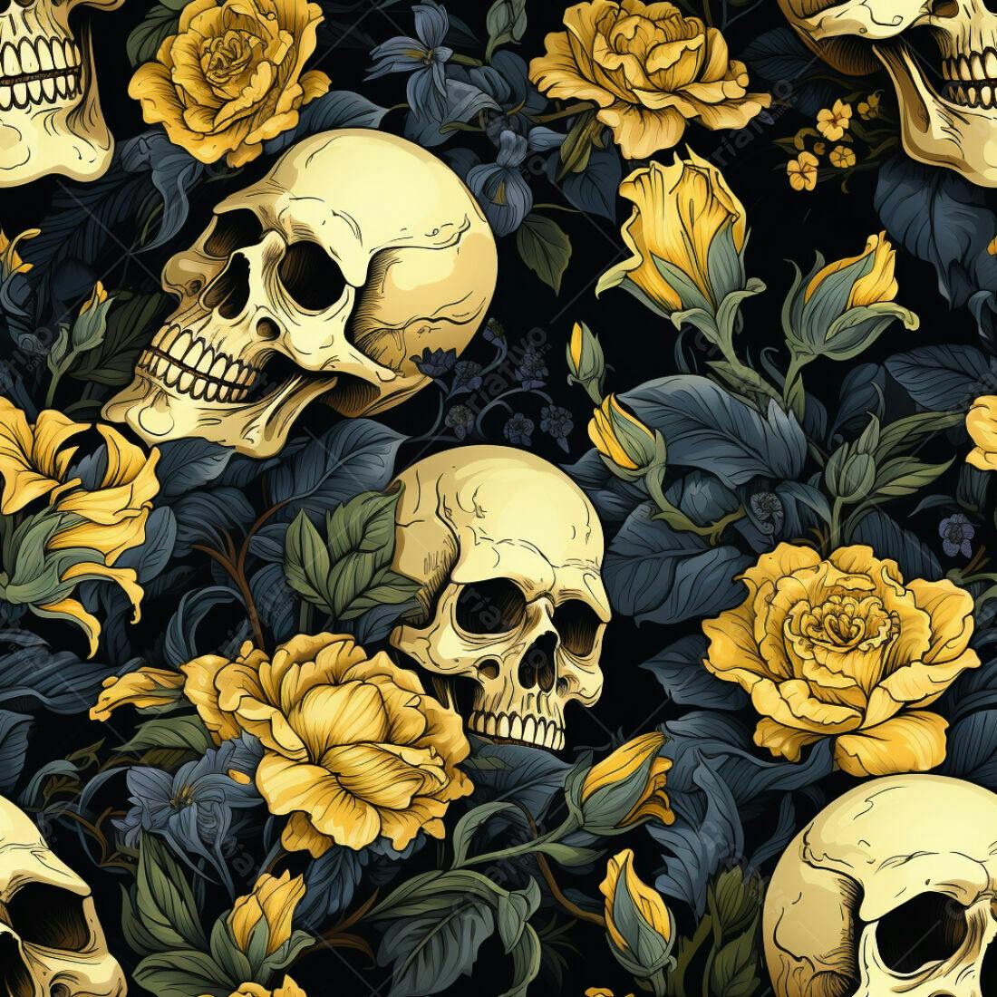 Textura Caveiras e Rosas Amarelas para Fundo