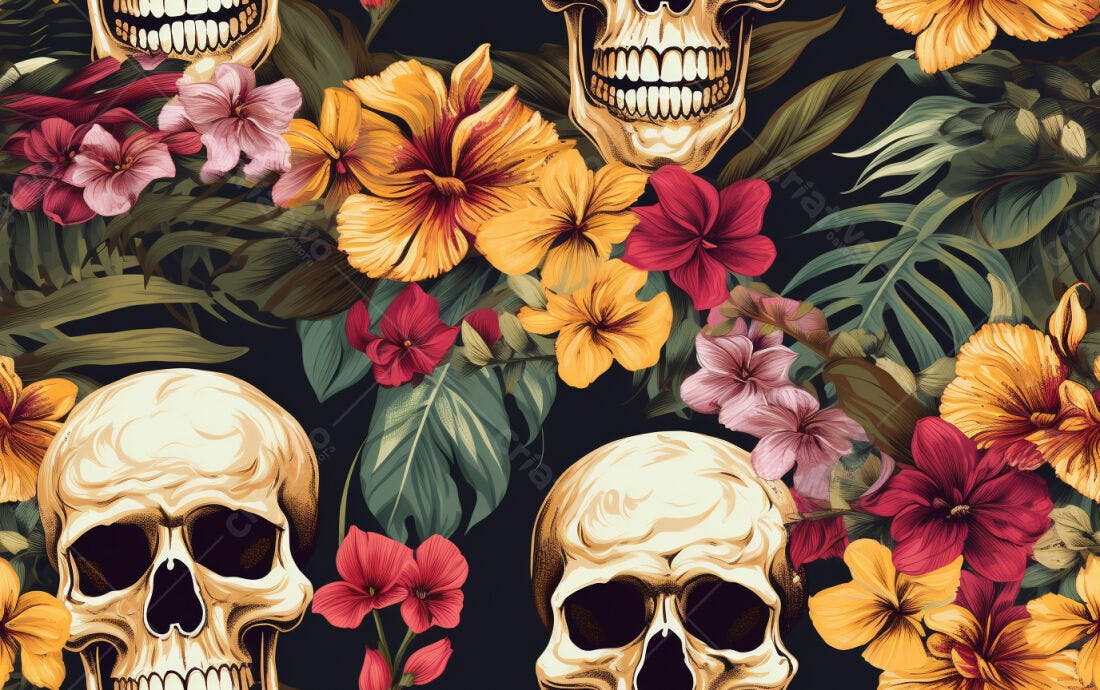 Textura caveiras e flores tropicais para papel de parede