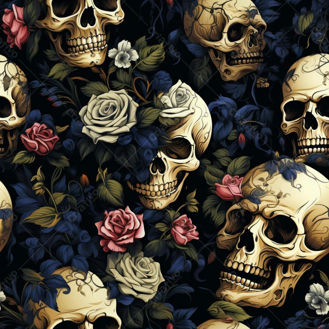 Textura Caveiras e Rosas para Papel de Parede