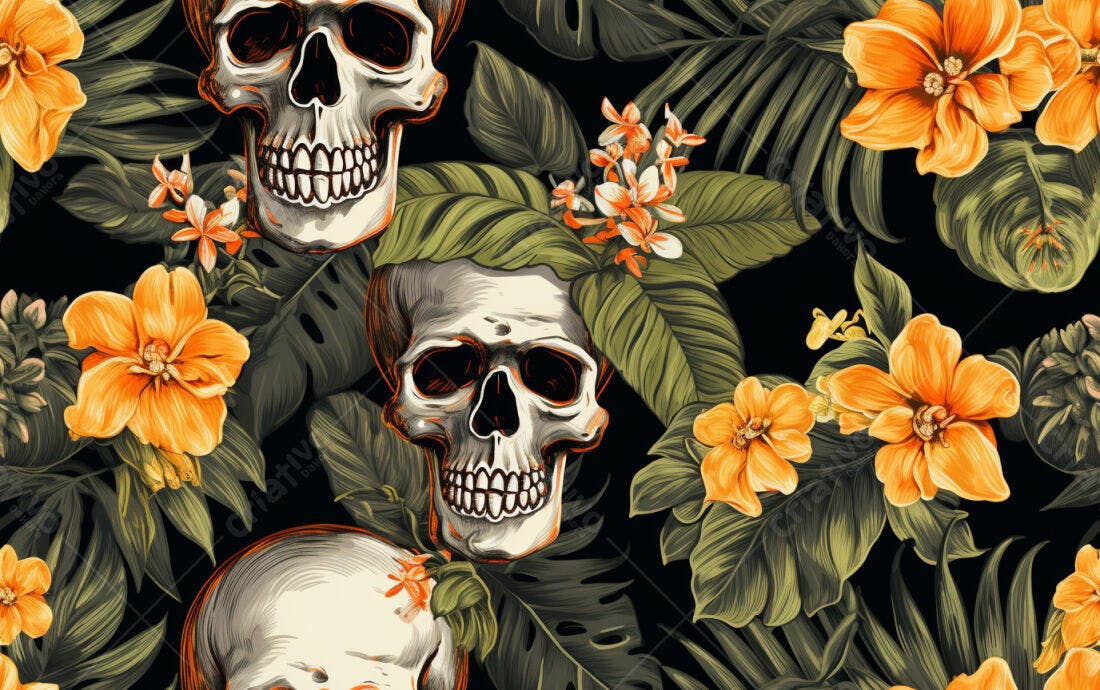 Textura floral caveiras tropicais para papel de parede