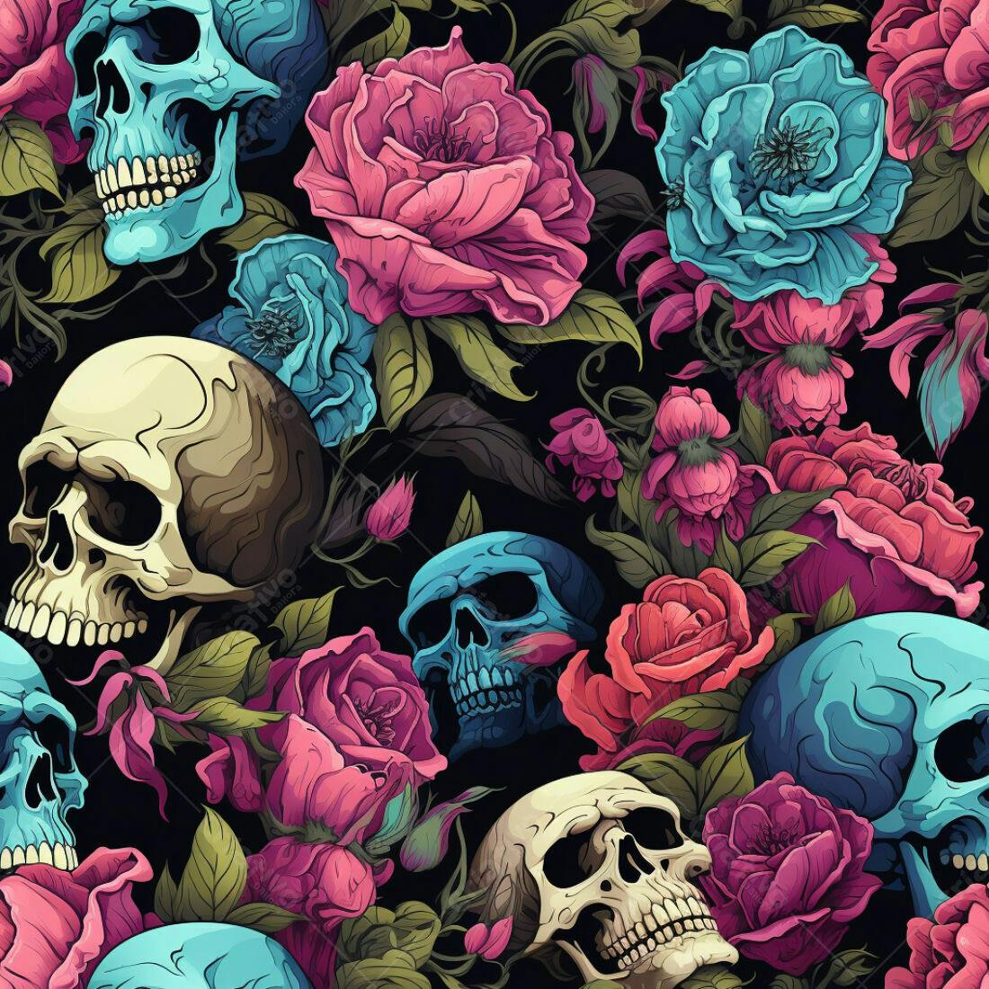 Textura Caveiras e Rosas para Fundo Escuro