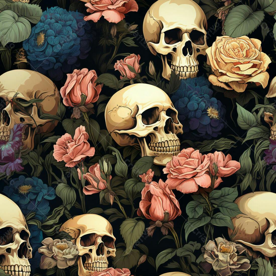 Textura caveira e rosas para papel de parede