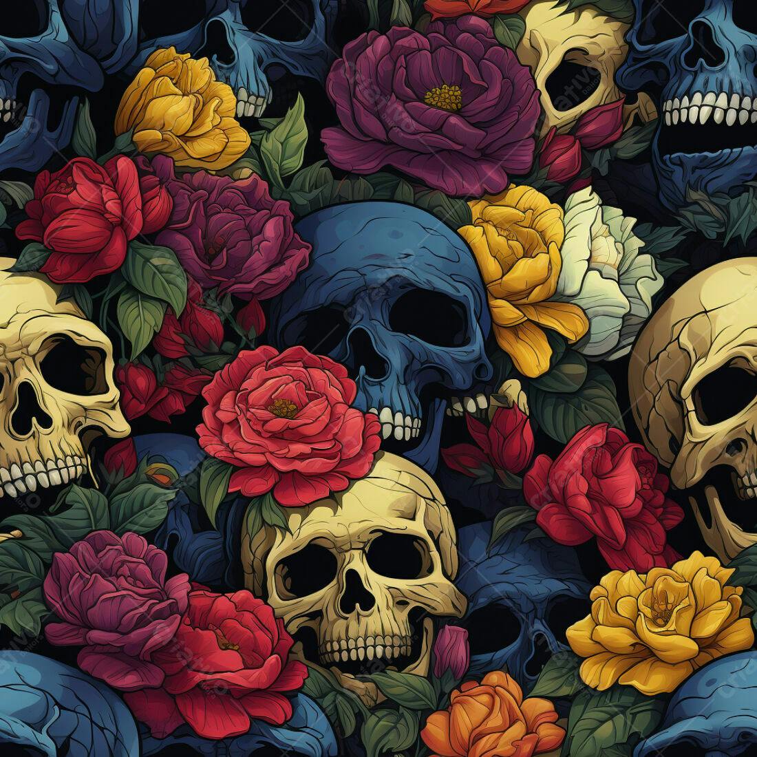 Textura Caveiras e Rosas para Fundo Gótico