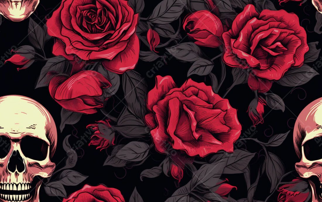 Textura Rosas e Caveiras para Fundo Escuro