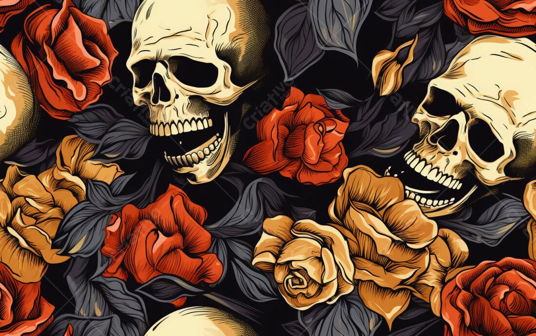 Textura caveiras e rosas para papel de parede