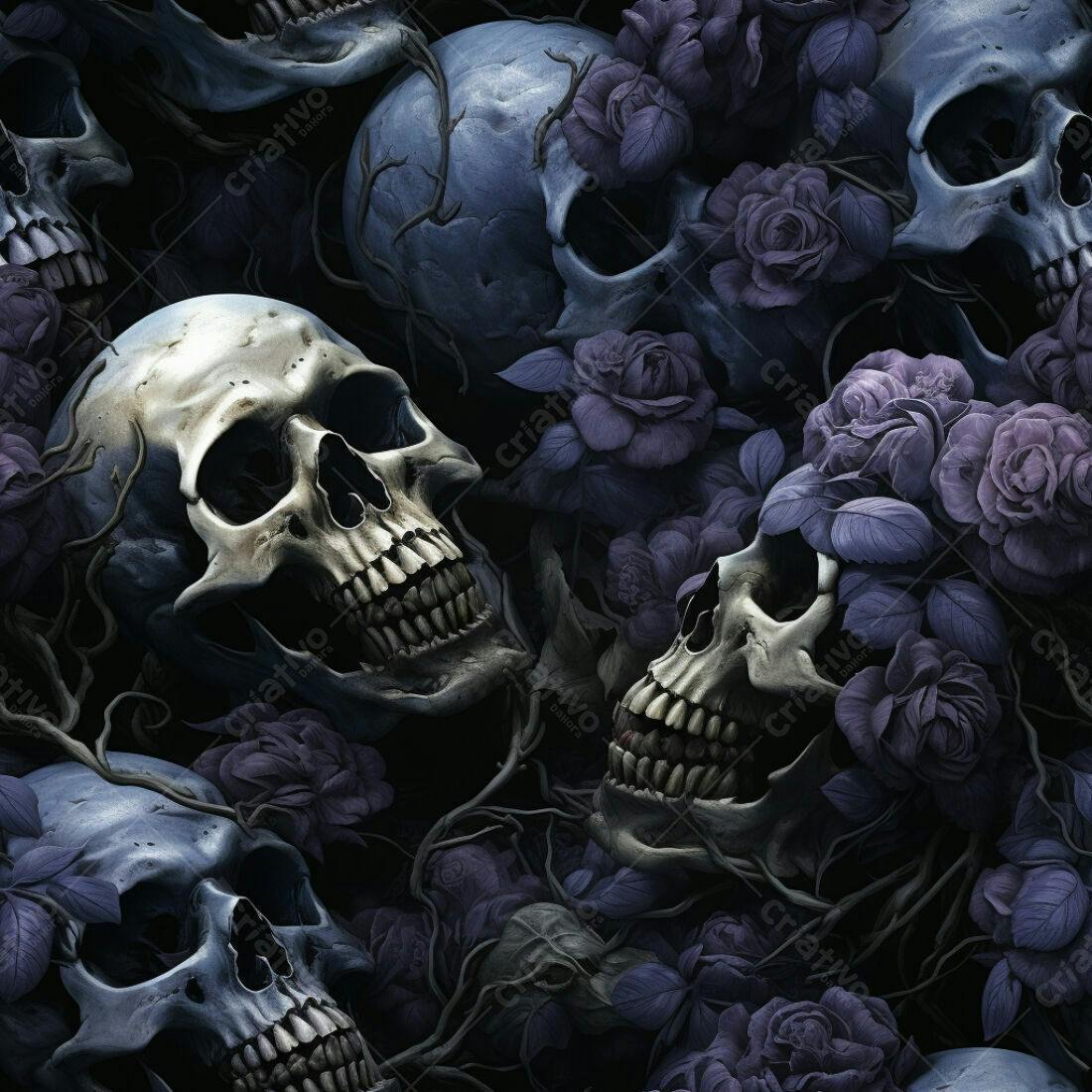 Textura Caveiras e Rosas para Fundo Escuro