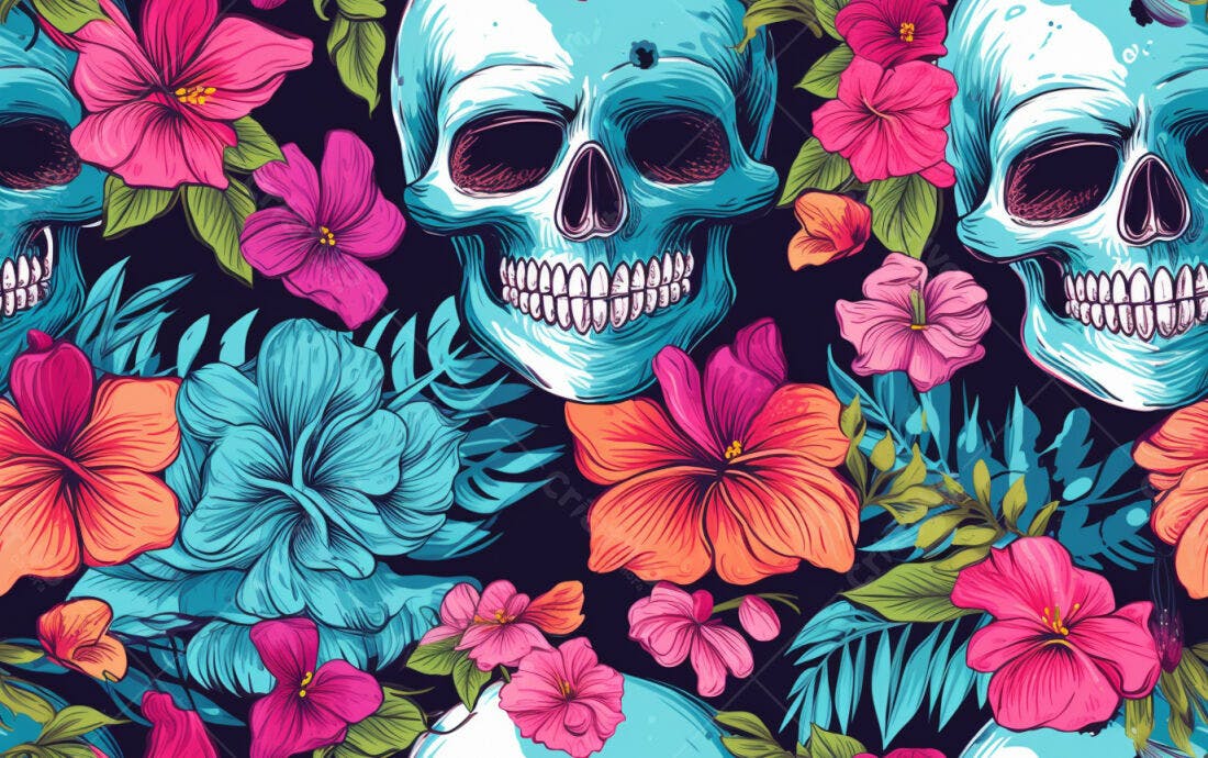 Textura Caveiras e Flores Tropicais para Fundo