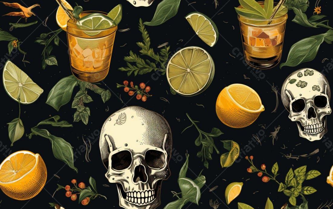 Textura caveira e frutas cítricas para fundo