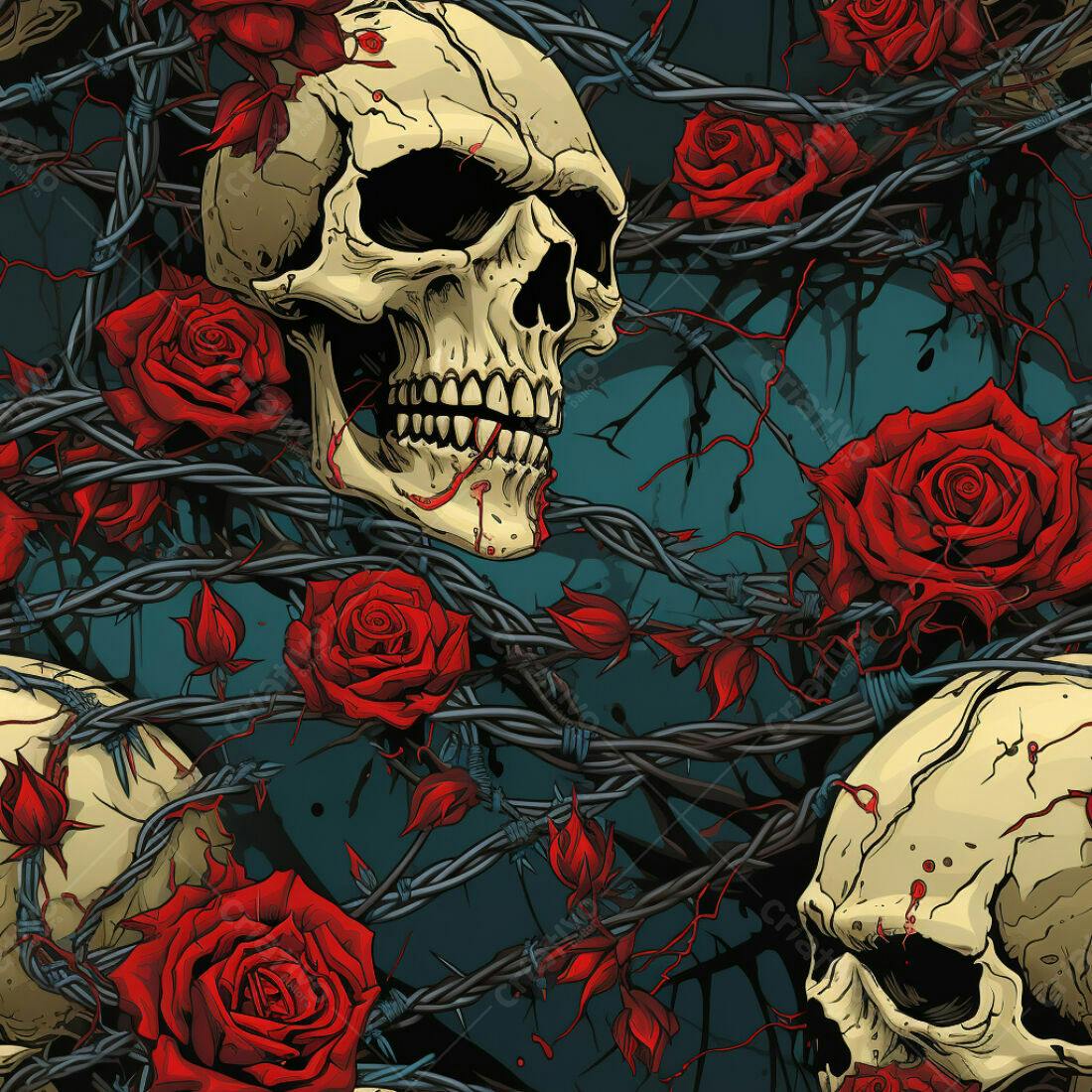 Textura Caveiras e Rosas para Fundo Escuro