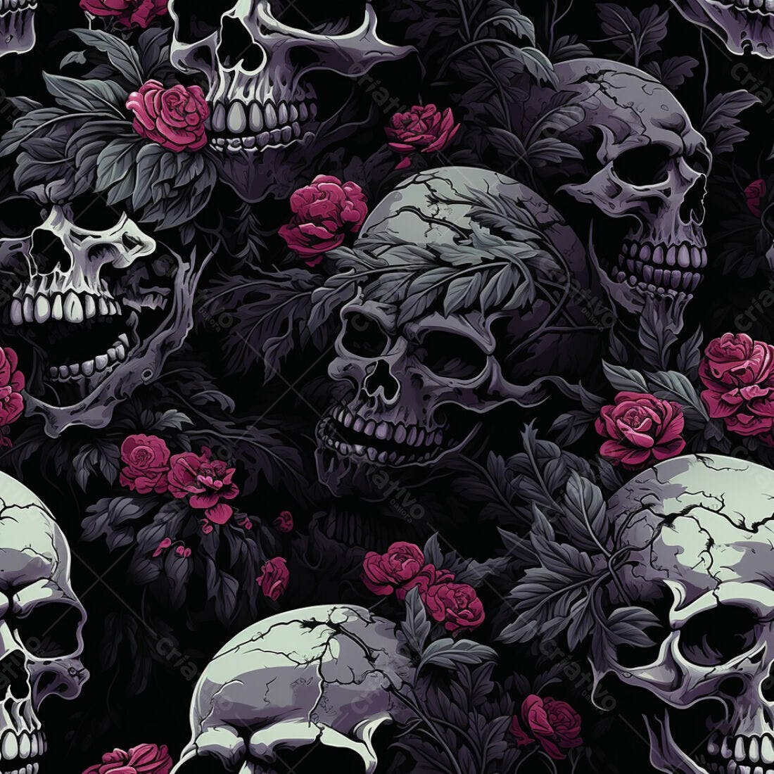 Textura Caveira e Rosas para Papel de Parede
