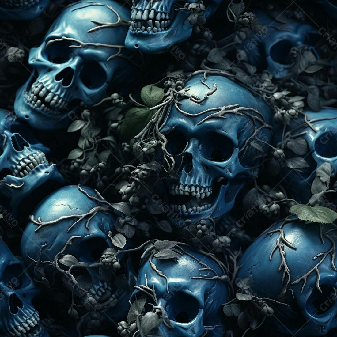Textura caveira azul com trepadeiras para fundo dark